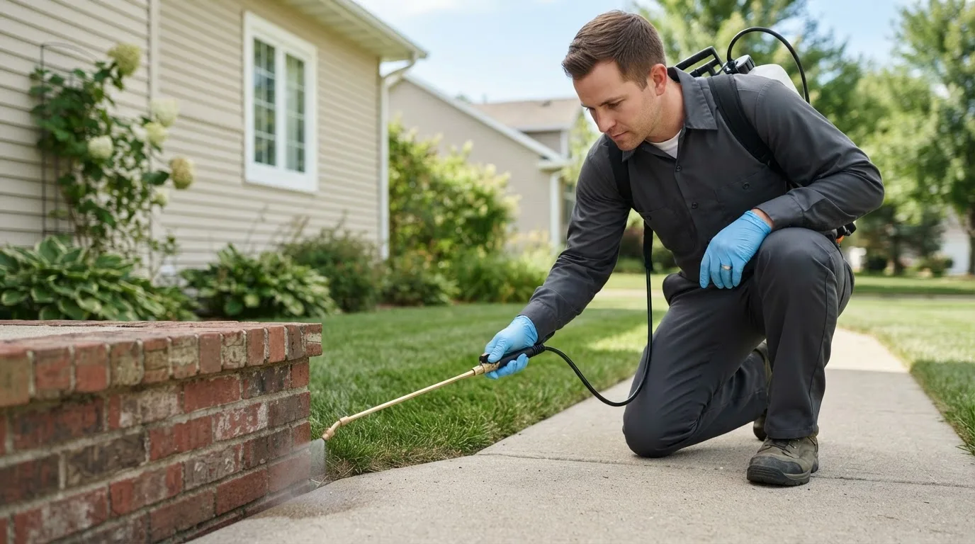 Pest control technician treating a home near Conesus, NY